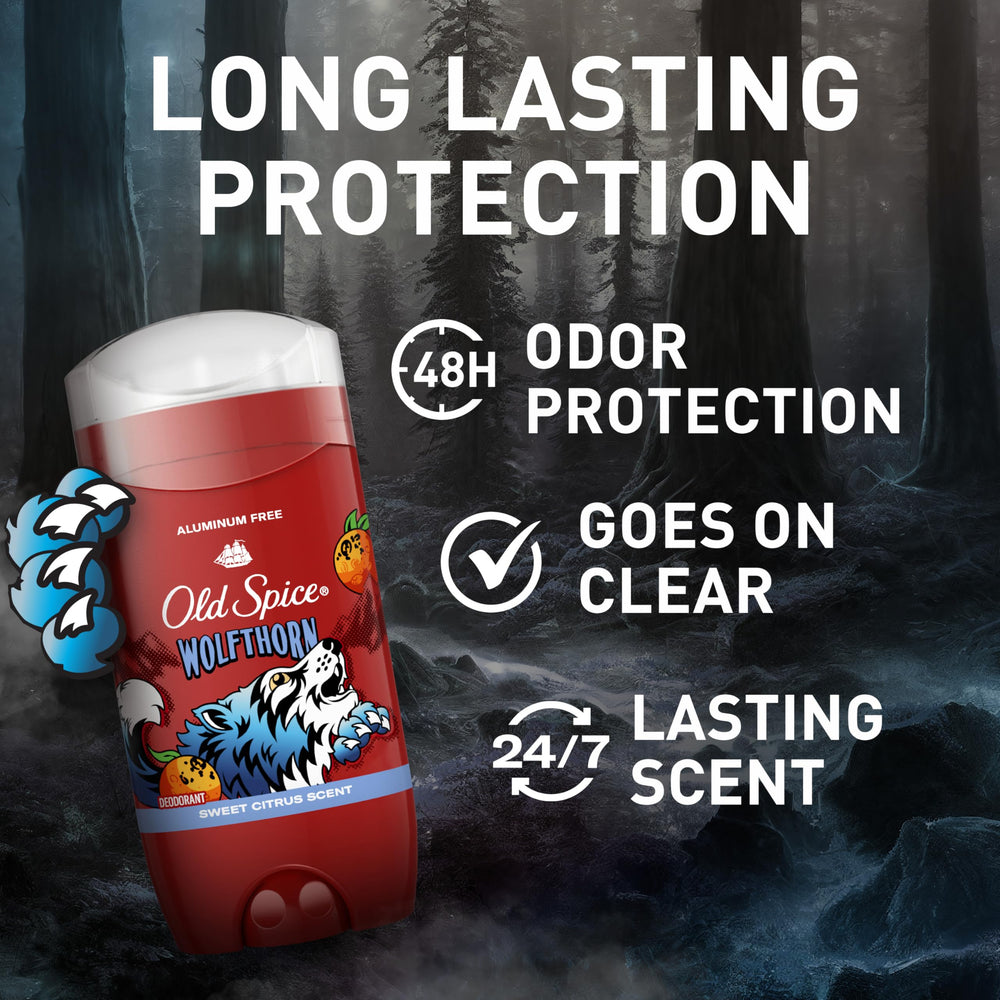 Old Spice Wolfthorn deodorant stick clear-application demonstrating residue-free wear.