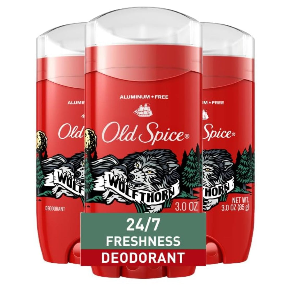 Old Spice Wolfthorn deodorant stick front view showing clear, all-day freshness.