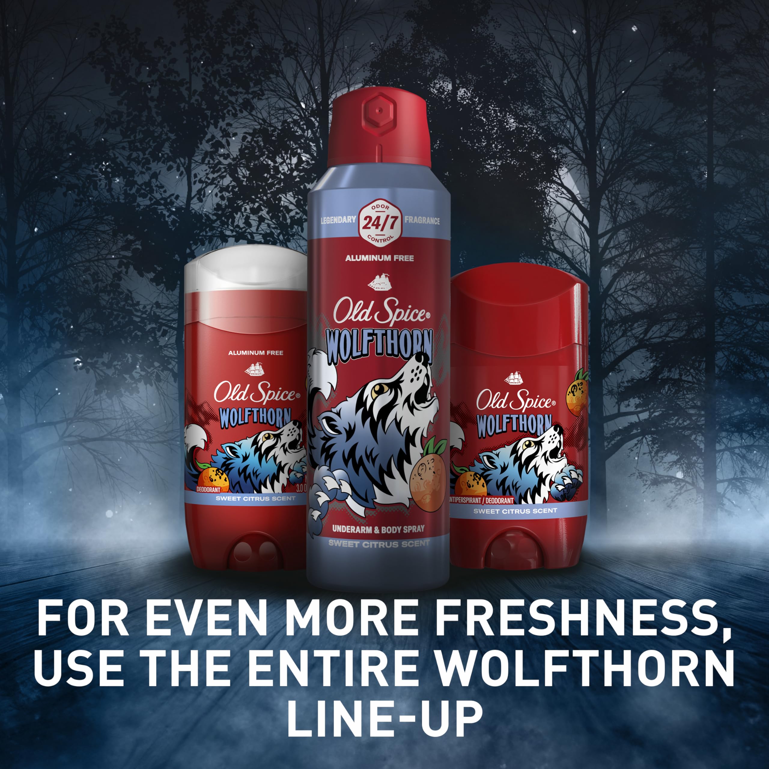 Old Spice Wolfthorn packaging close-up with bold citrus branding.