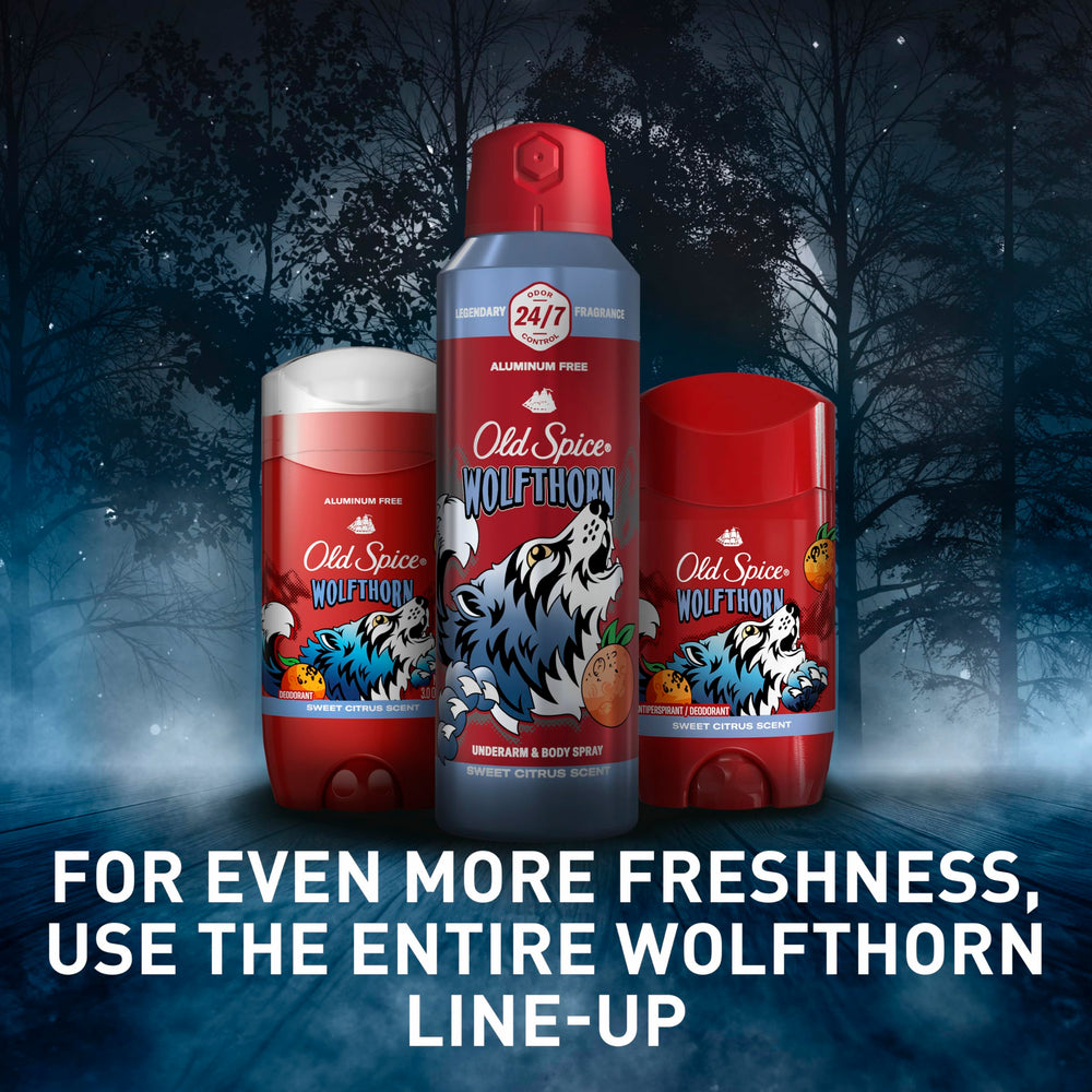 Old Spice Wolfthorn packaging close-up with bold citrus branding.
