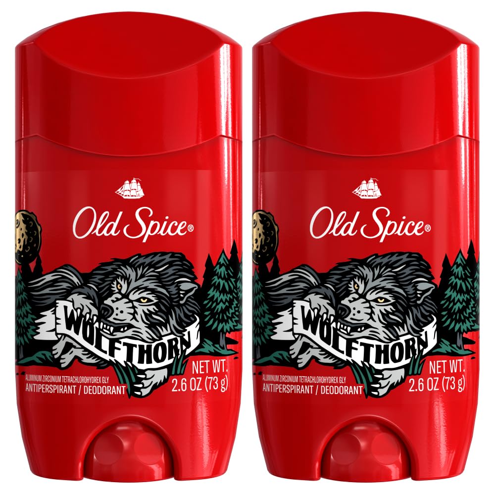 Old Spice Wolfthorn packaging with two-pack convenient for daily use.