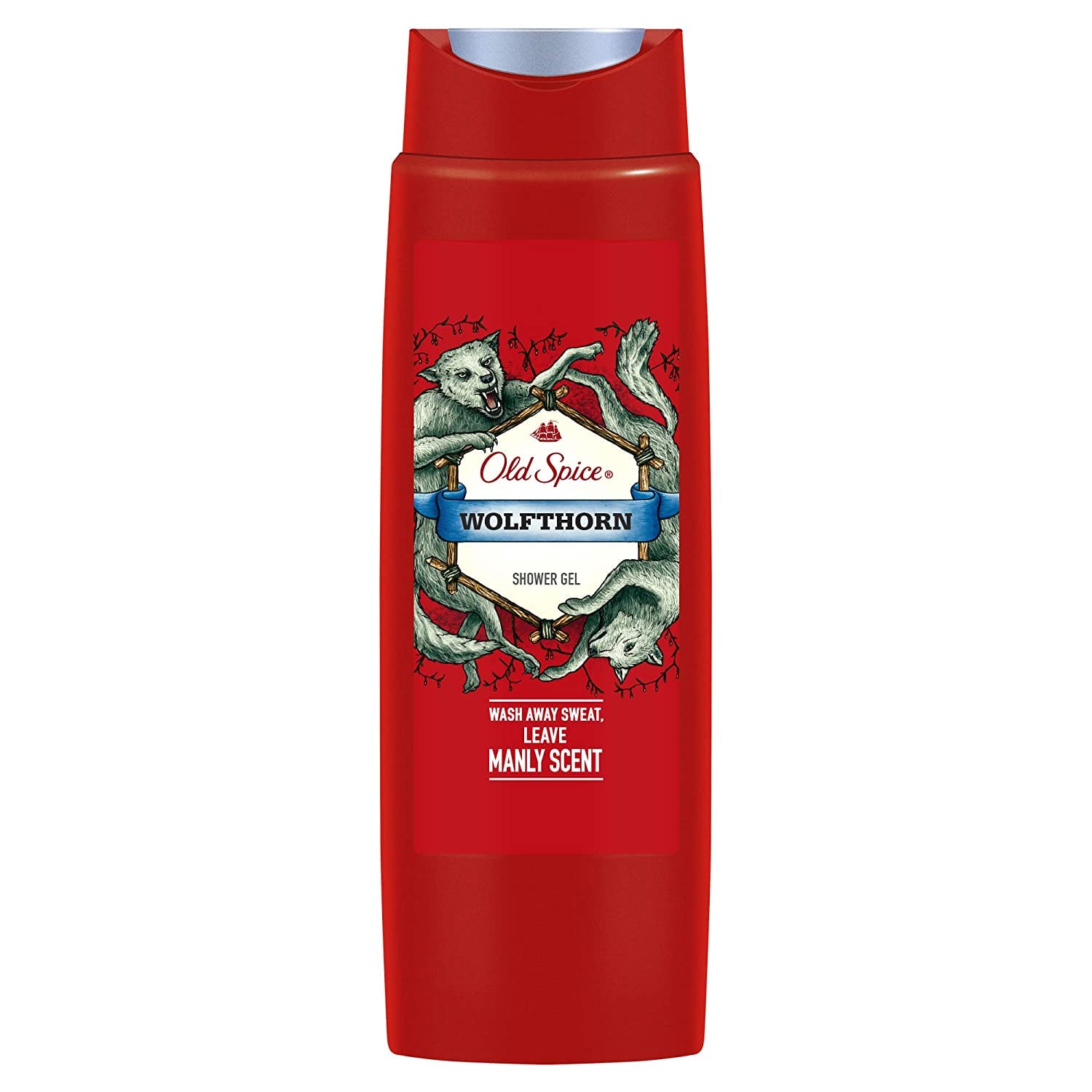 Old Spice Wolfthorn shower gel bottle pour delivers a refreshing scent for an energized start.