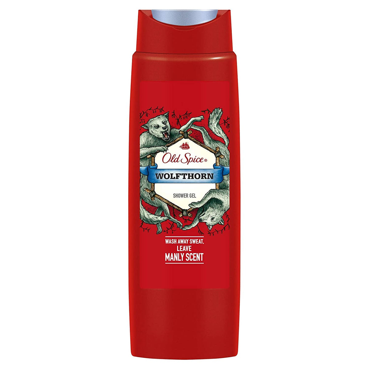 Old Spice Wolfthorn shower gel bottle pour delivers a refreshing scent for an energized start.