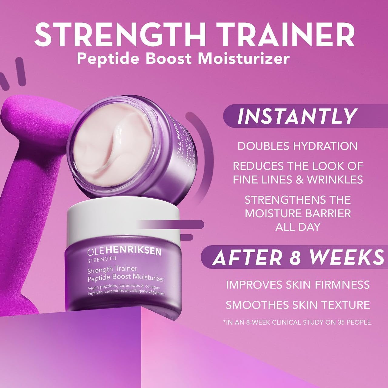 Ole Henriksen Strength Trainer hyaluronic-acid boost bottle illustrating instant hydration.