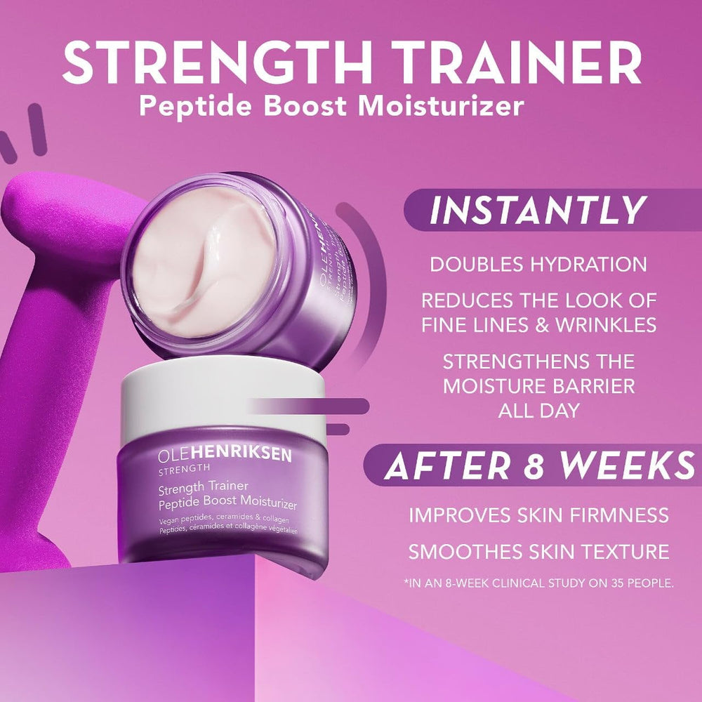 Ole Henriksen Strength Trainer hyaluronic-acid boost bottle illustrating instant hydration.