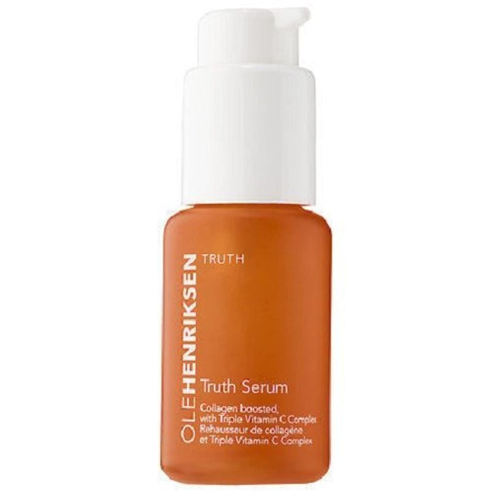 Ole Henriksen Truth Serum bottle closeup highlighting vitamin C complex for brighter skin.