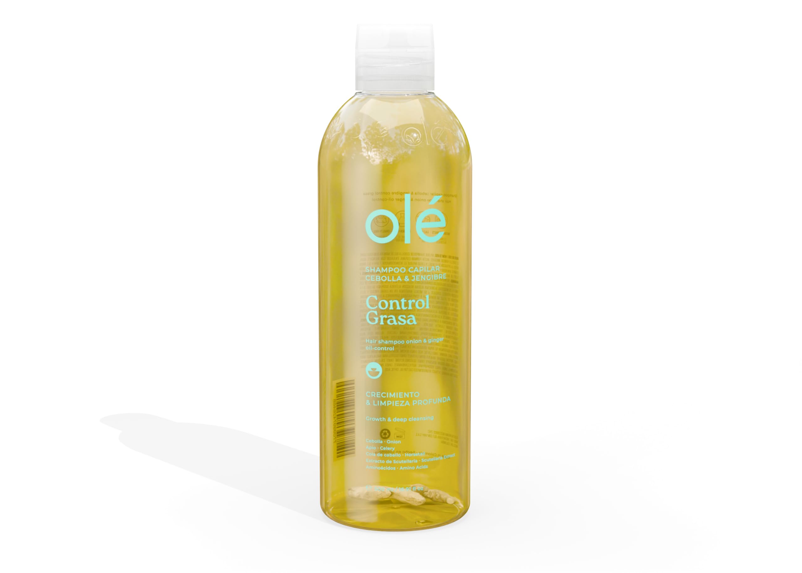 OLÉ onion-ginger shampoo bottle pour for refreshing scalp cleanse.