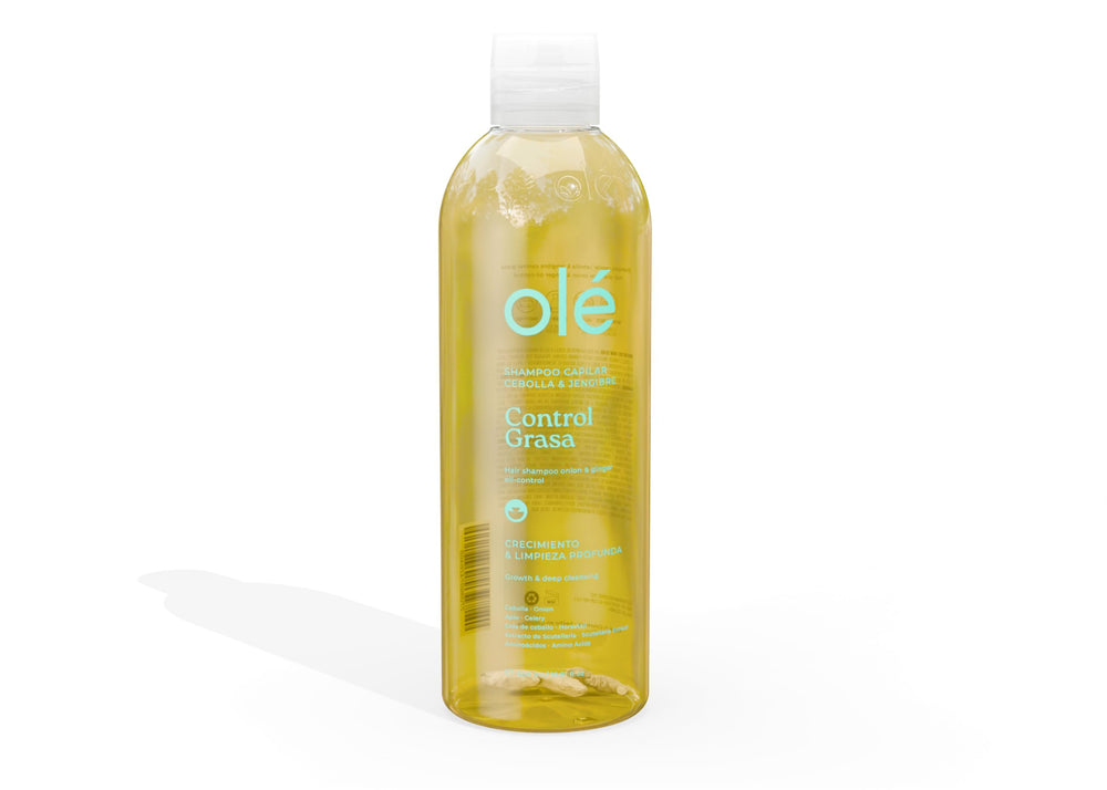 OLÉ onion-ginger shampoo bottle pour for refreshing scalp cleanse.
