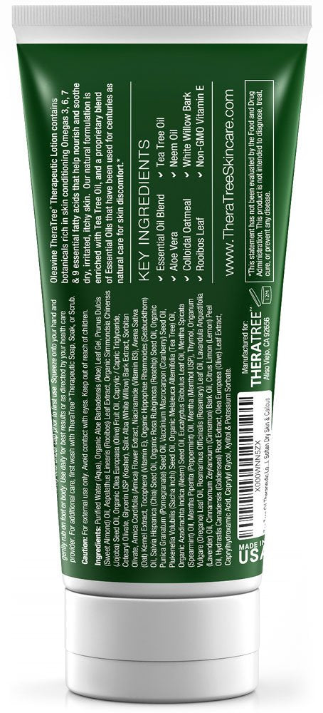 Oleavine TheraTree lotion on skin offers refreshing foot and body care.