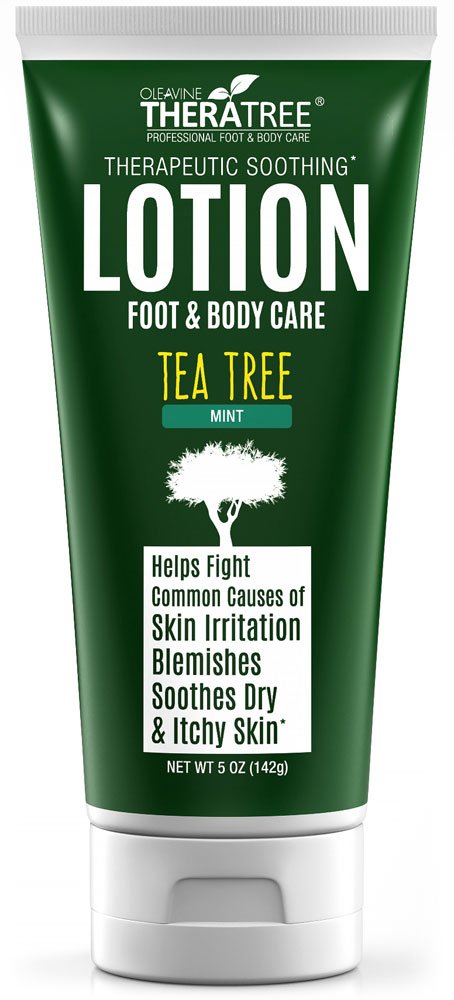 Oleavine TheraTree lotion bottle showing tea tree and neem formula for soothing skin