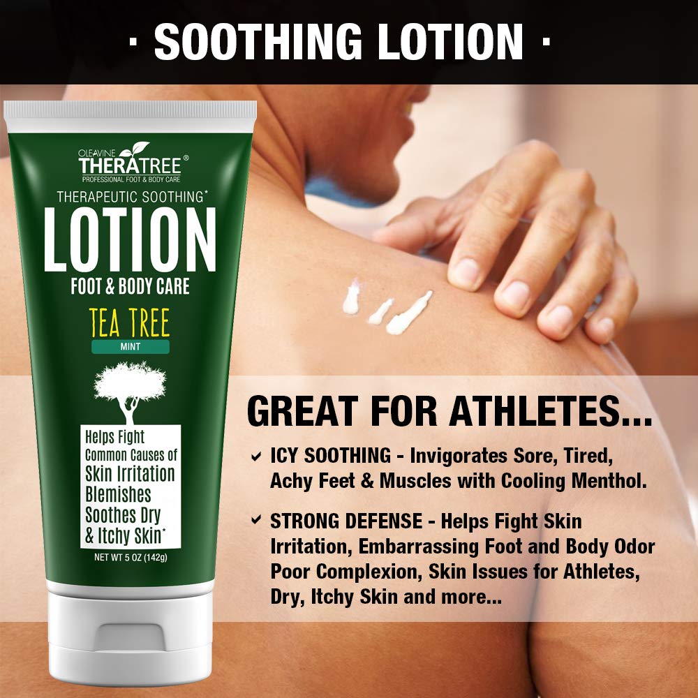 Ingredients list of Oleavine TheraTree lotion featuring tea tree and neem oil