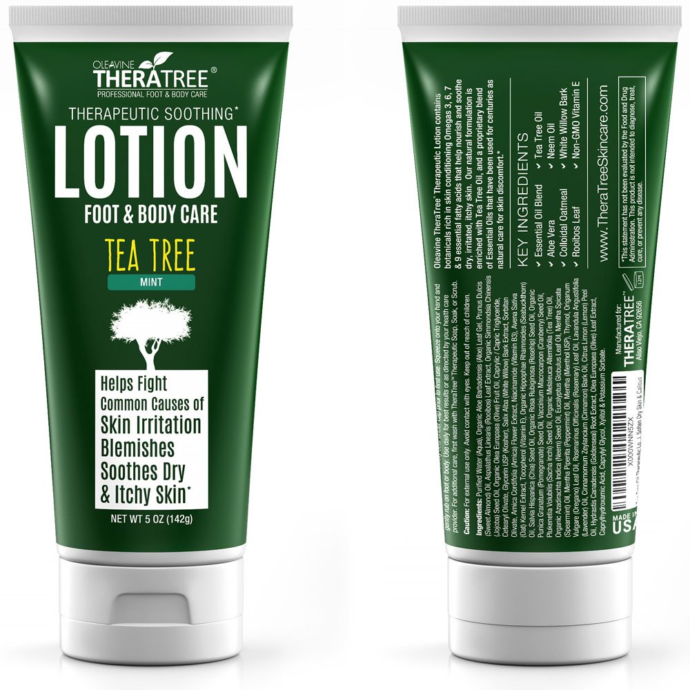 Close-up of Oleavine TheraTree lotion label highlighting natural ingredients