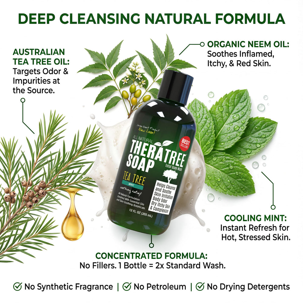 Oleavine TheraTree soap lather delivers a rich cleanse for pores.