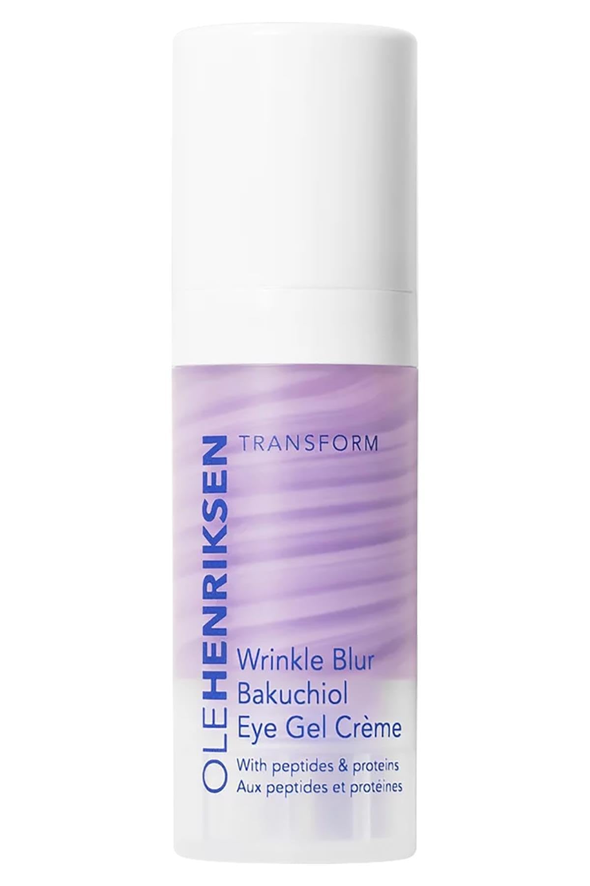 Ole Henriksen Wrinkle Blur Bakuchiol Eye Gel Creme jar close-up showing smooth texture and line-blurring potential.