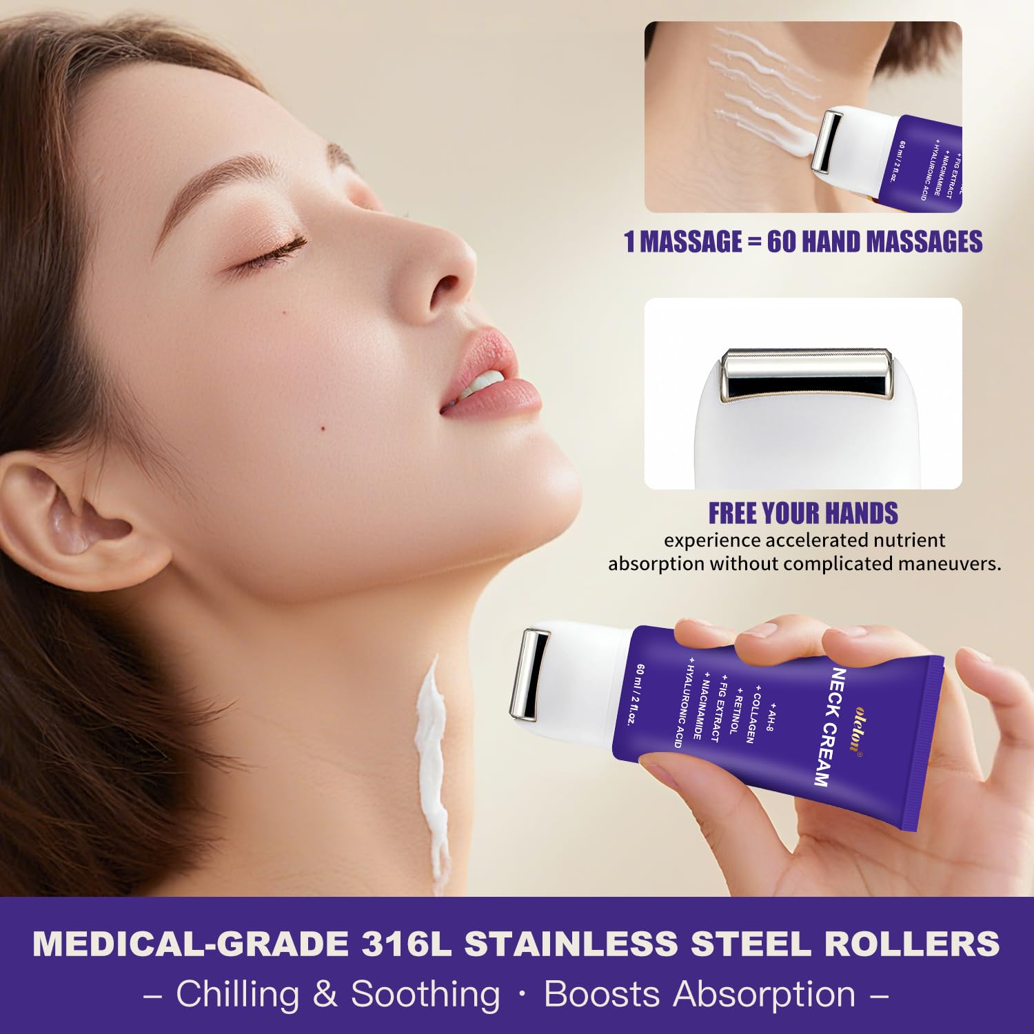 OLELON neck wrinkles closeup demonstrates smoothing and tightening potential.