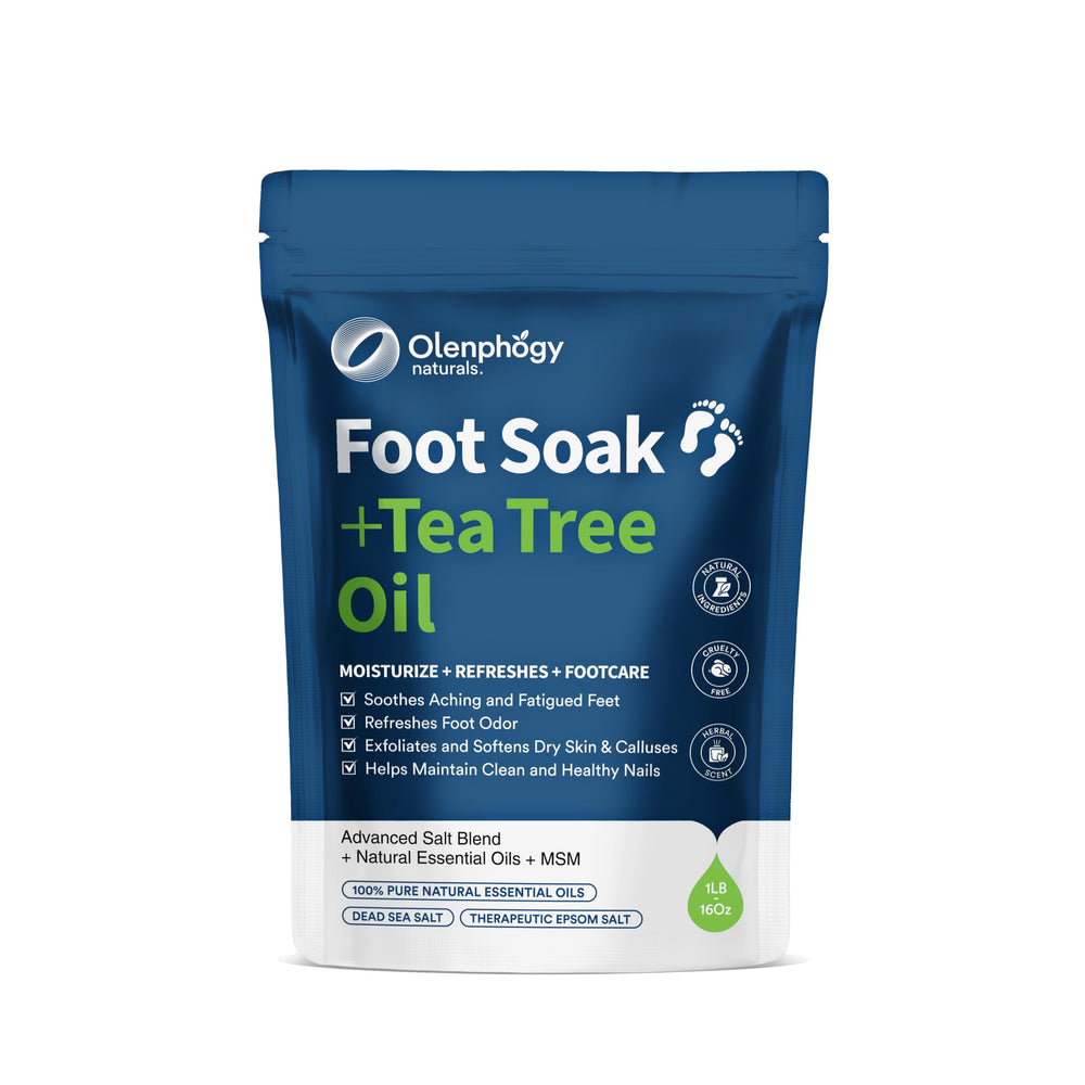Olenphogy Tea Tree Foot Soak bottle ready for a refreshing at-home spa session.