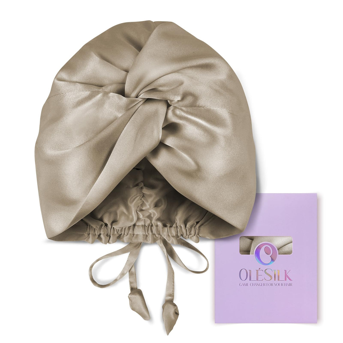 OLESILK silk bonnet for sleeping shown with adjustable drawcord for a snug, comfortable fit.