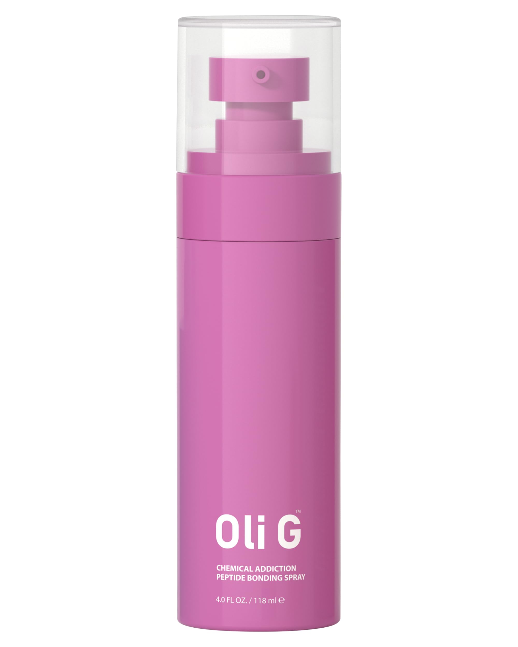 Oli G Bond-Repair Spray bottle close-up highlighting peptide protection for hair.