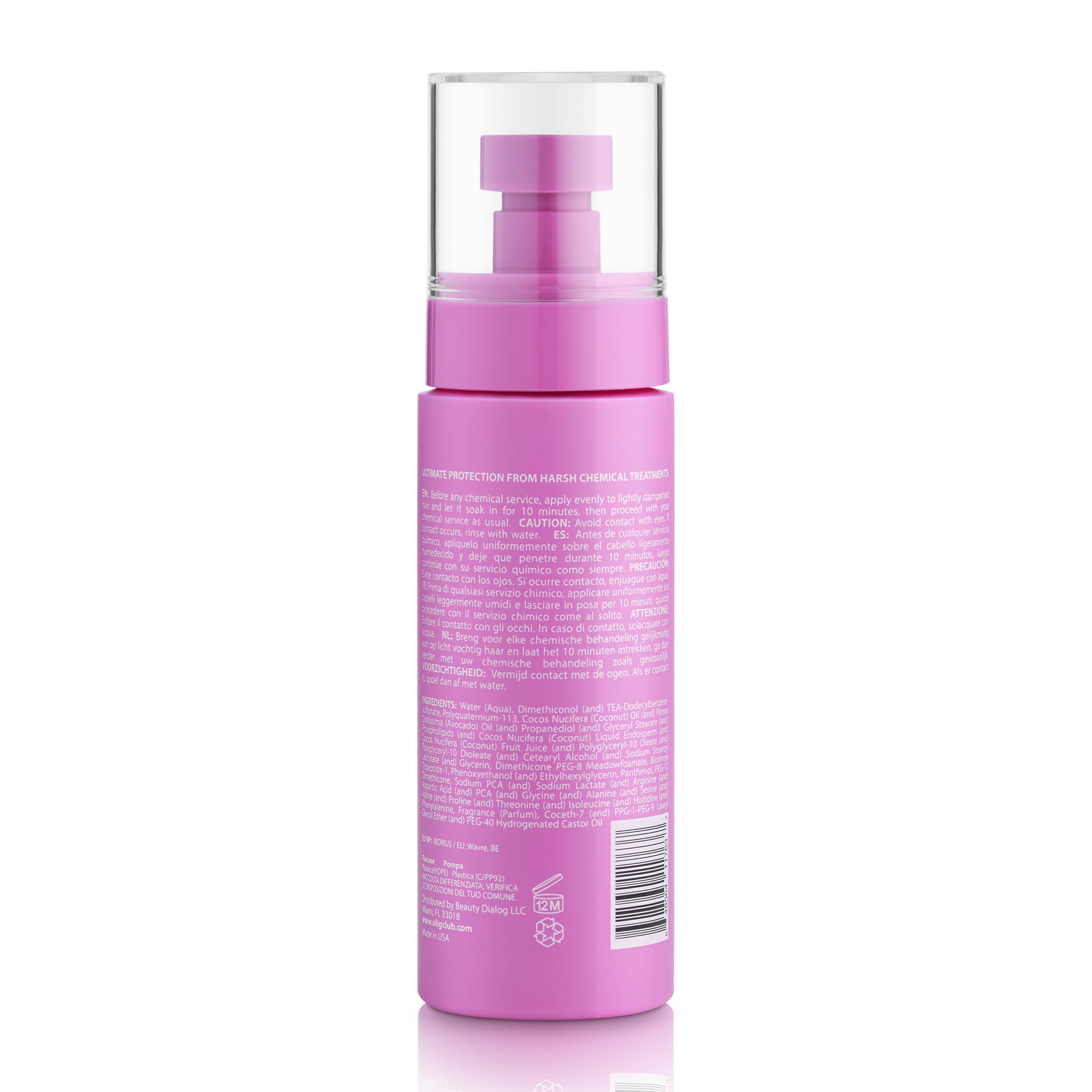 Oli G Bond-Repair Spray dispensed onto damp hair for pre-chemical prep.