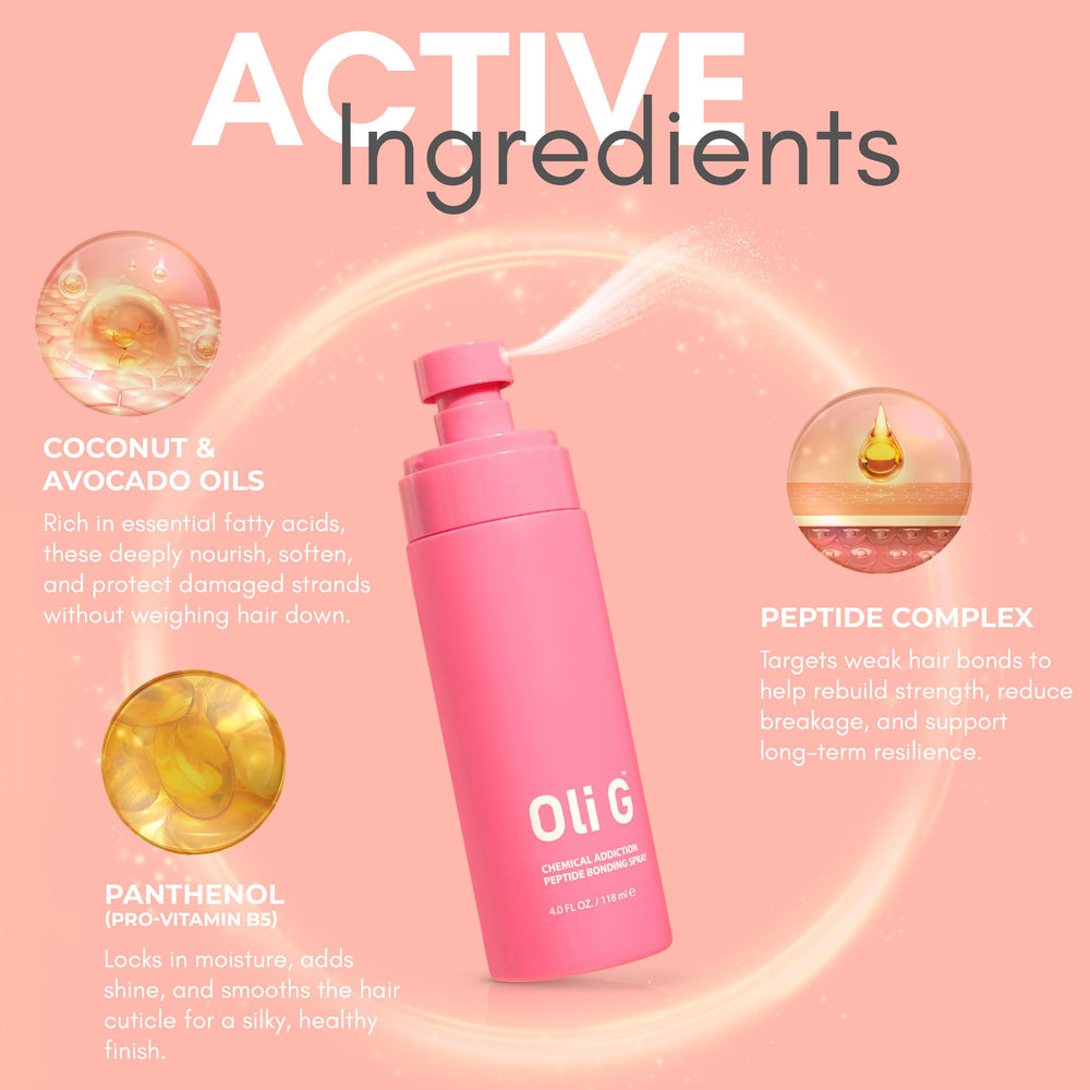 Oli G Bond-Repair Spray ingredients panel highlighting peptide complex.