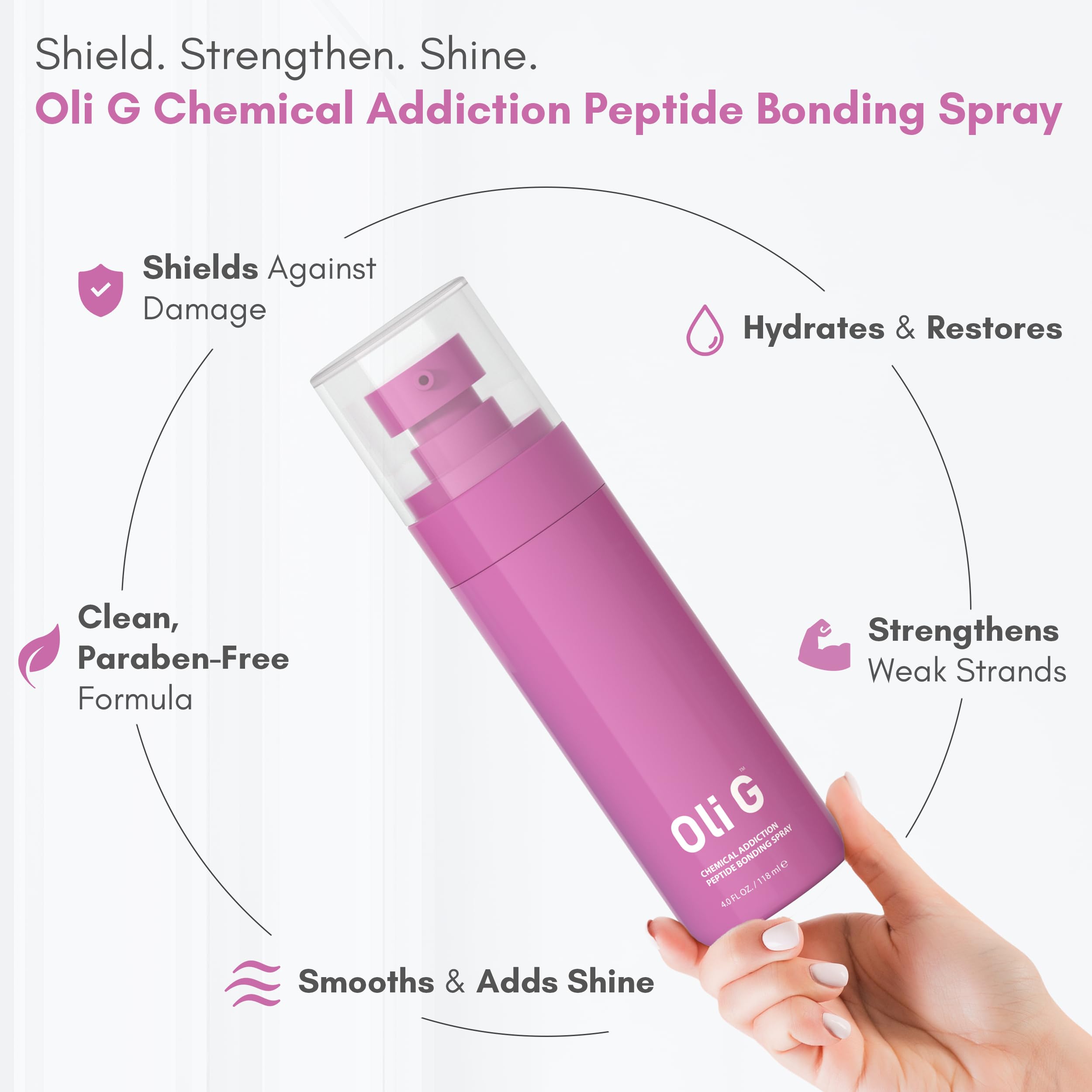 Oli G Bond-Repair Spray on silky hair with reduced frizz.