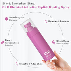 Oli G Bond-Repair Spray on silky hair with reduced frizz.