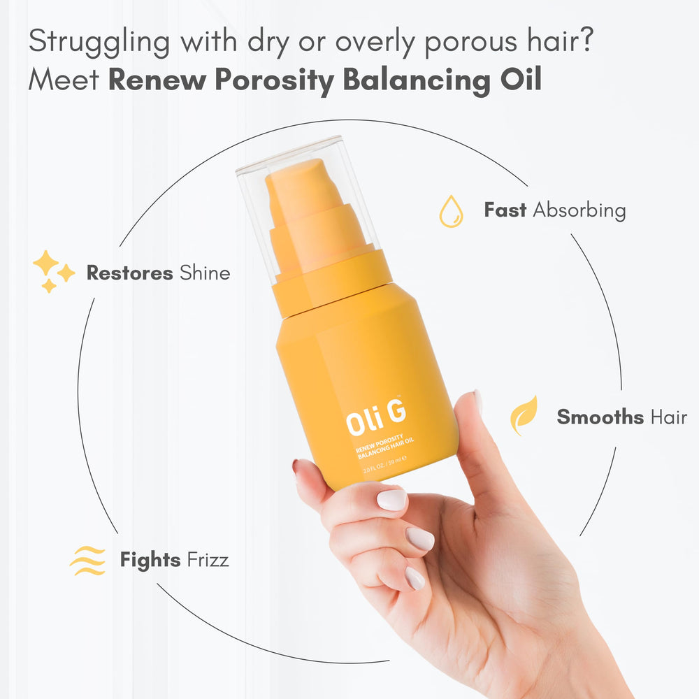 Oli G Renew silky shine oil drops on a hair strand