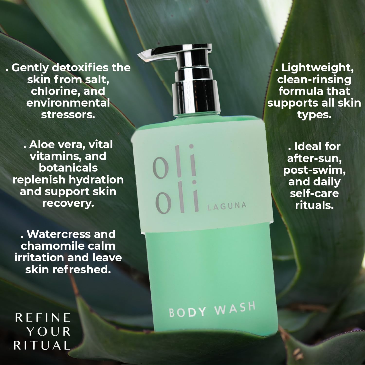 OLIOLI Revitalizing Body Wash rich lather forming a soft foam cleanse.