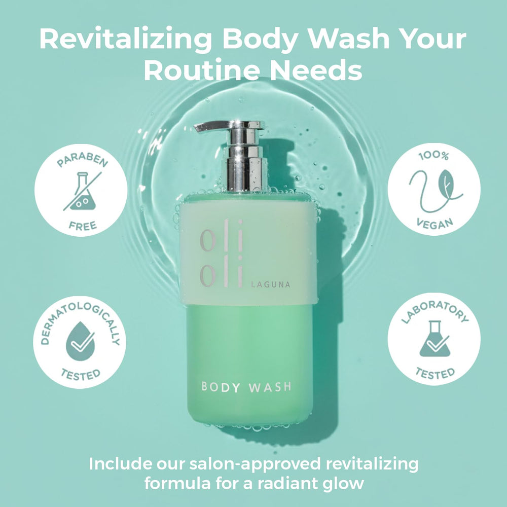 OLIOLI Revitalizing Body Wash pump demonstrates easy, mess-free daily cleansing.