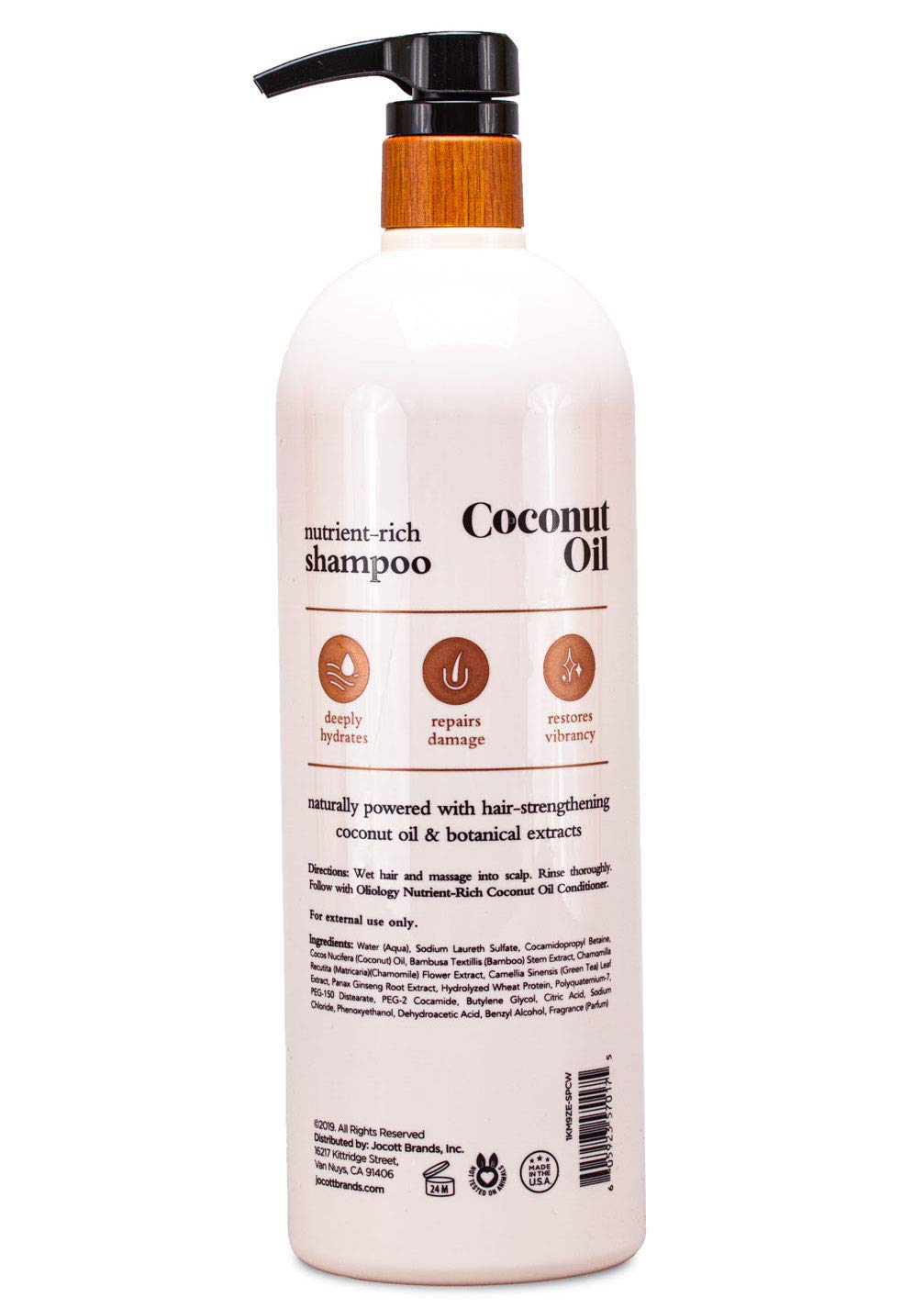 Oliology Coconut Oil Shampoo bottle cap closeup emphasizes paraben-free, cruelty-free care