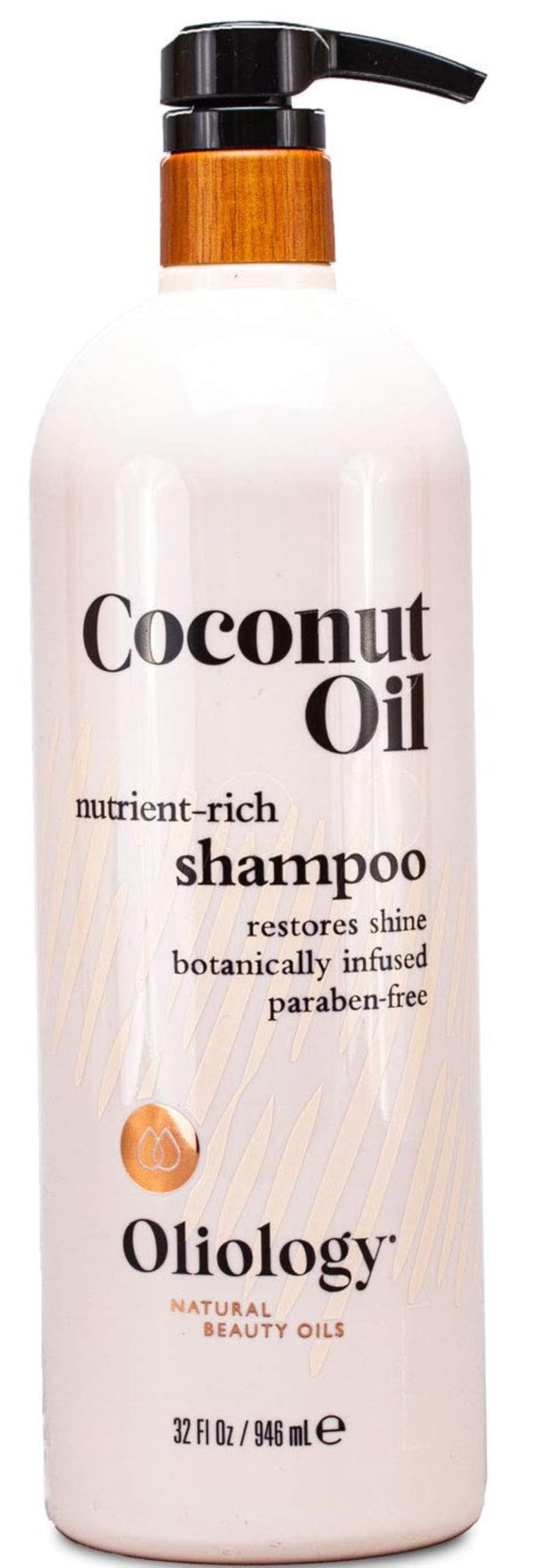 Oliology Coconut Oil Shampoo bottle front highlights nutrient rich formula for healthier-looking hair