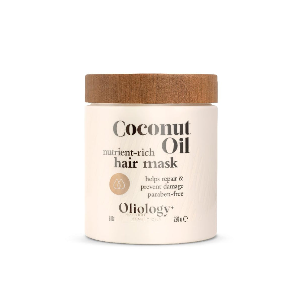 Oliology Hair Mask jar with coconut oil for nourished, detangled hair.