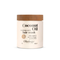 Oliology Hair Mask jar with coconut oil for nourished, detangled hair.