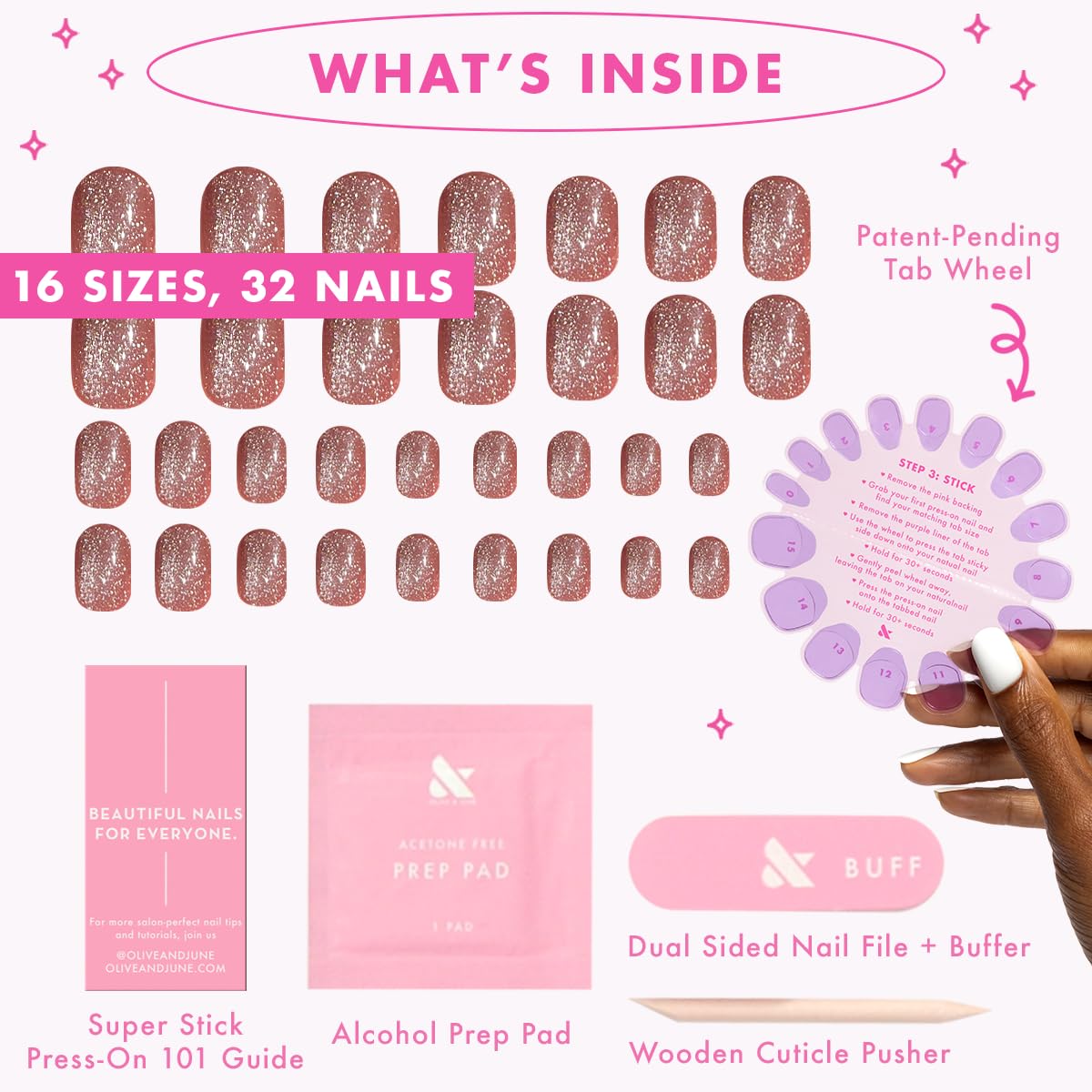 Olive & June seven-day wear nails secured with long-lasting adhesive tabs.