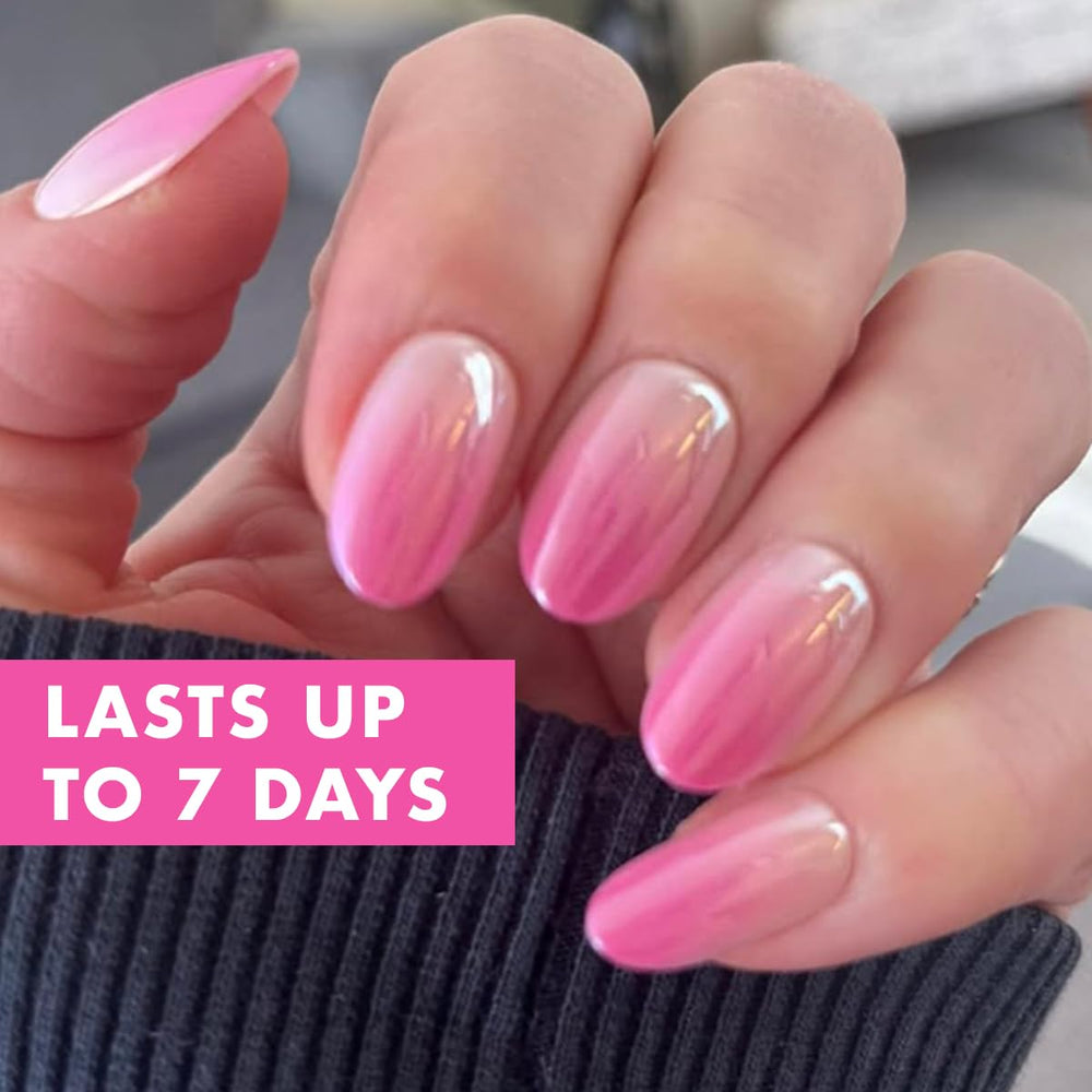 Application steps of Olive & June Super Stick Mani with pink chrome gradient nails.