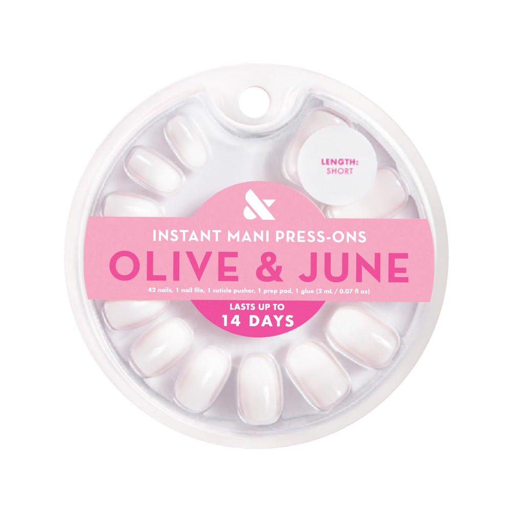 Close-up of Olive & June realistic press-on nails showing natural curve and shine