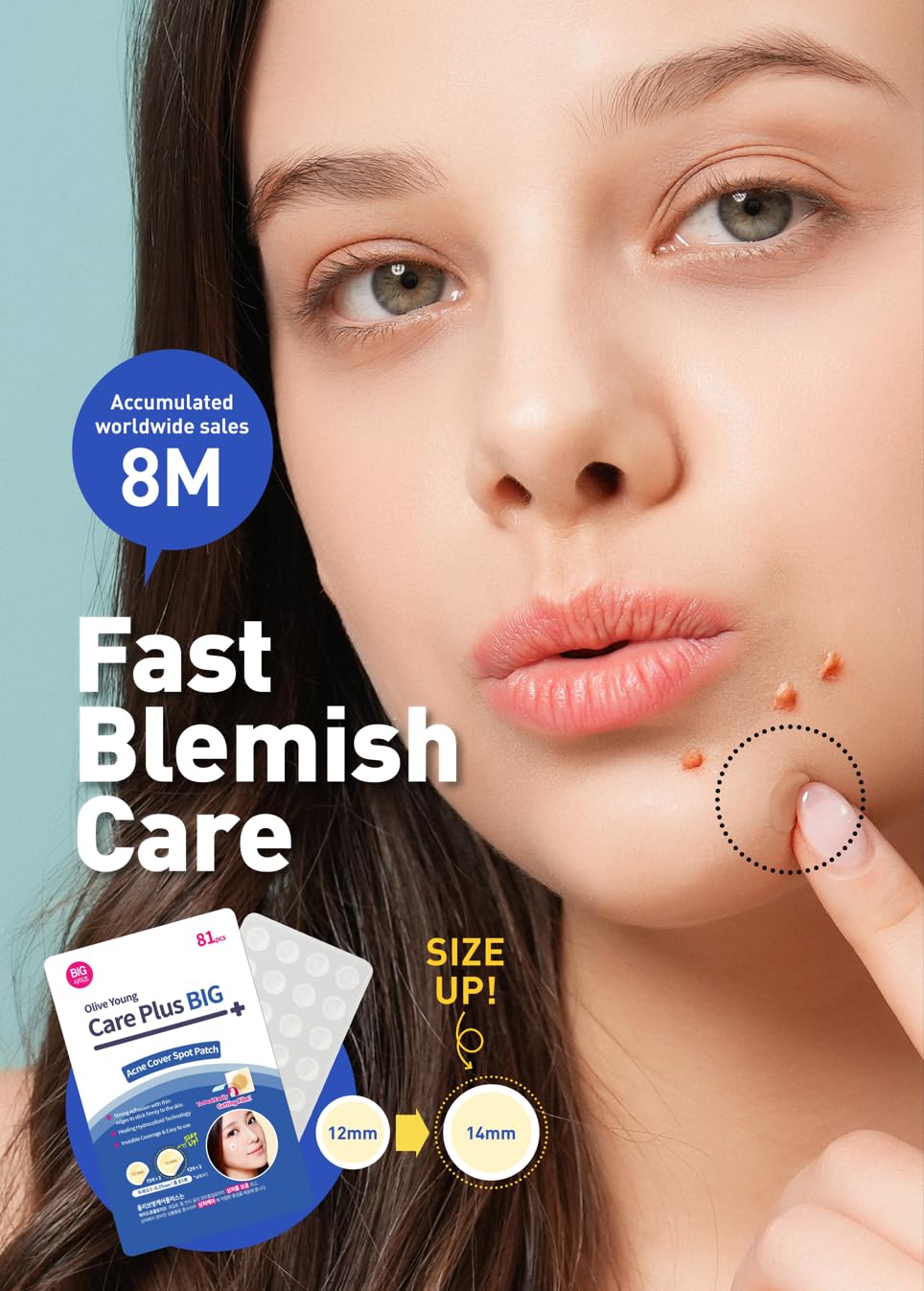 OLIVE YOUNG Care Plus jumbo 14mm patch covers big spots discreetly.