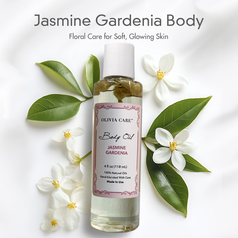 Pouring Olivia Care Jasmine Gardenia Body Oil showing smooth texture