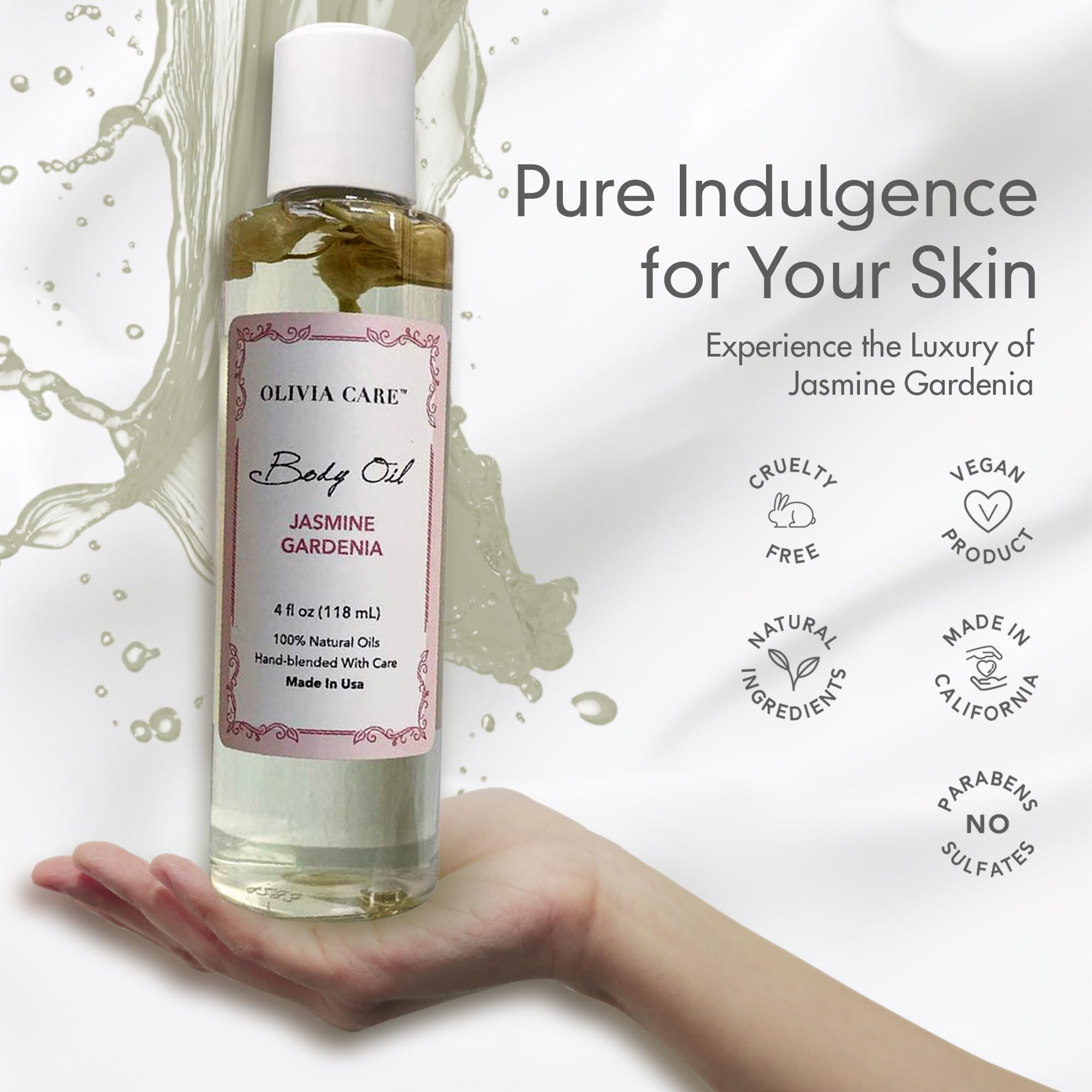 Olivia Care Jasmine Gardenia oil packaging highlights USA-made, cruelty-free product