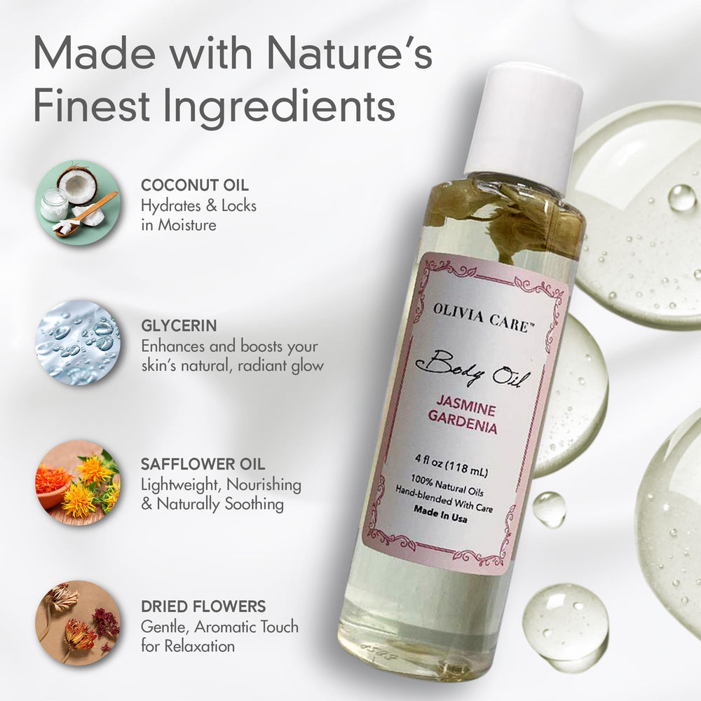 Olivia Care Jasmine Gardenia oil provides skin hydration after shower