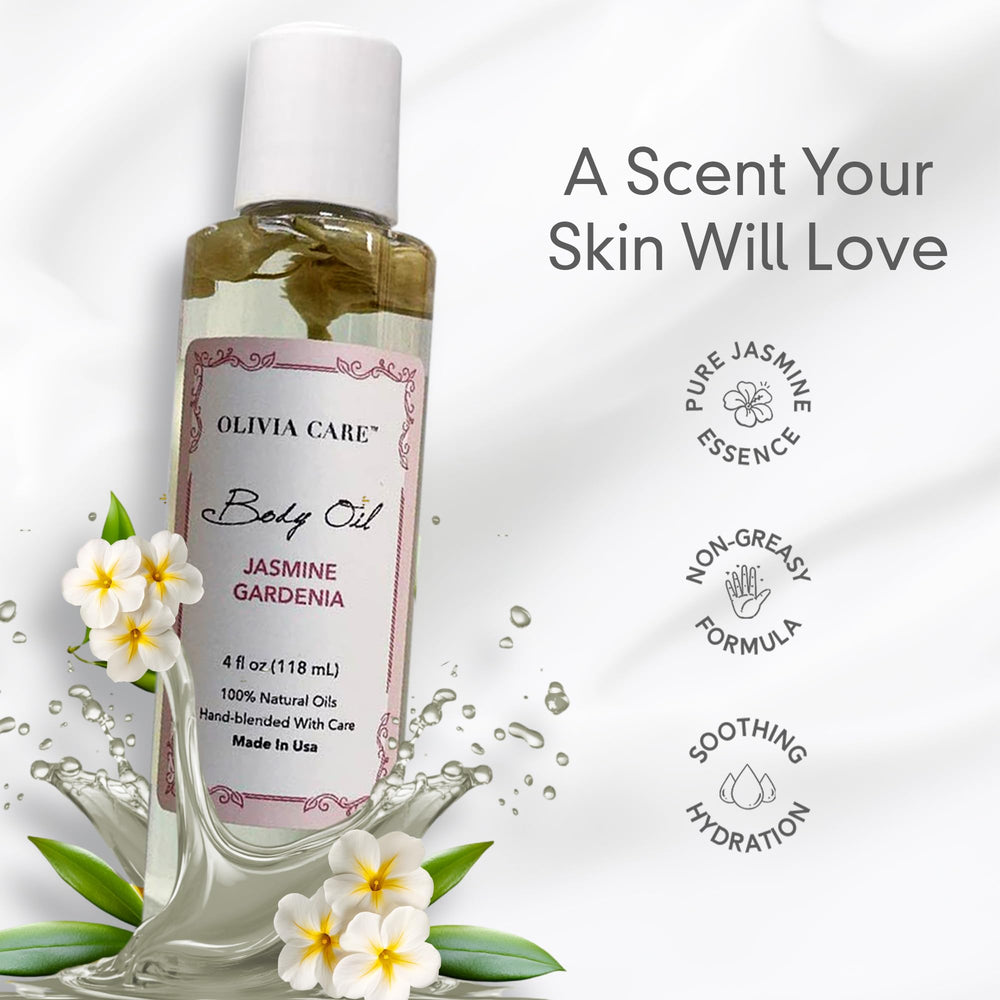 Close-up of Olivia Care Jasmine Gardenia oil texture on skin