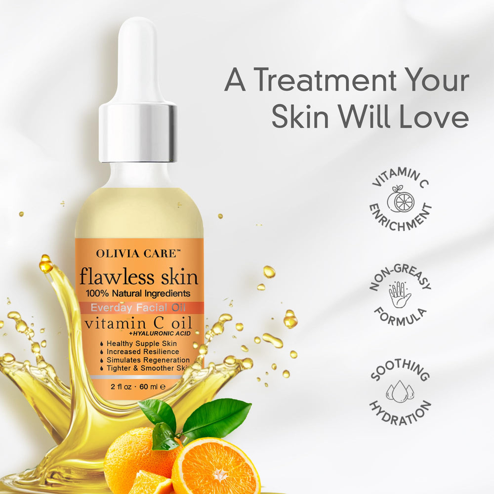 Olivia Care oil poured on palm demonstrates lightweight texture for quick absorption.