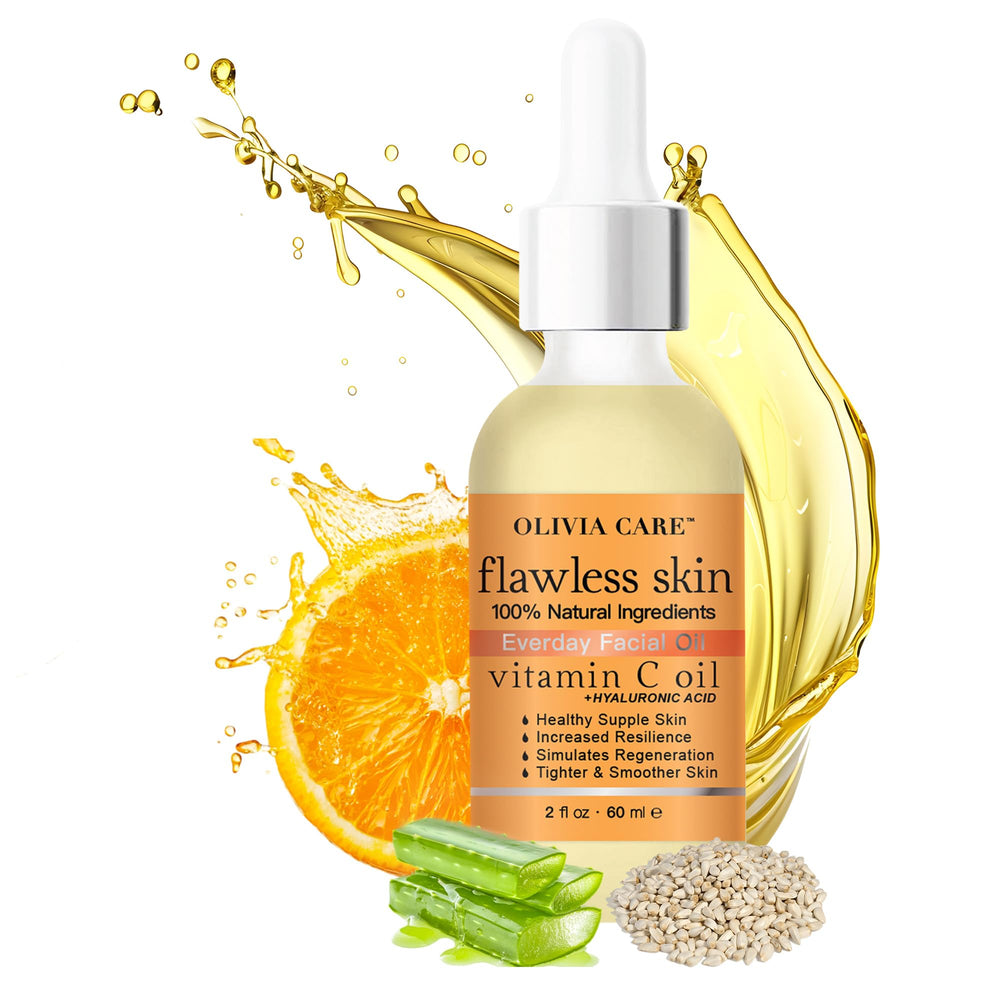 Olivia Care vitamin C + hyaluronic acid oil bottle offers daily hydration and brightness.