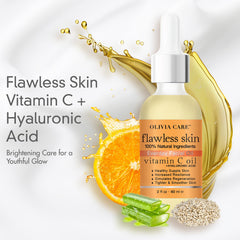 Olivia Care vitamin C + hyaluronic acid oil dropper enables precise nightly application.