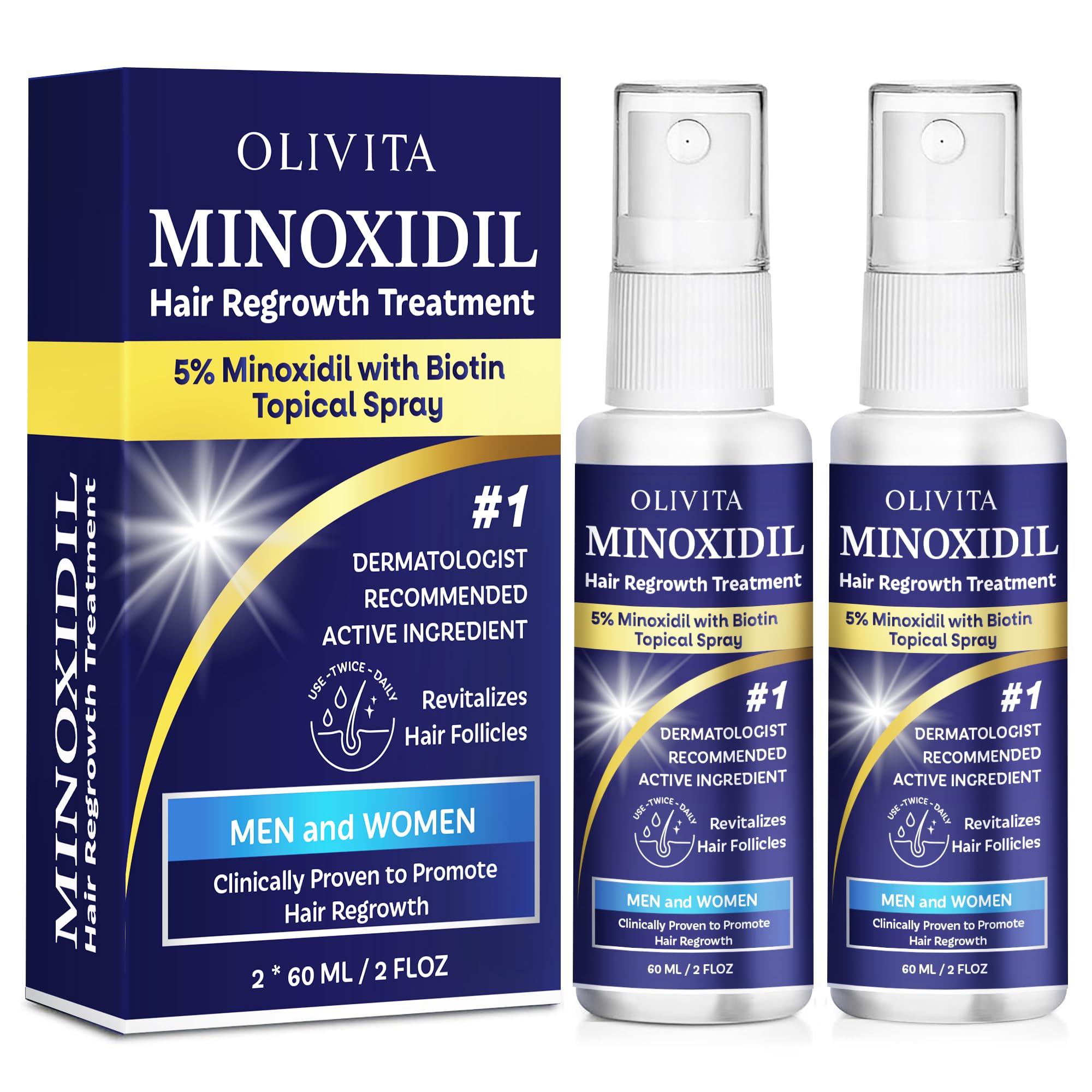 OLIVITA Minoxidil spray bottle for unisex use and potential hair regrowth support.