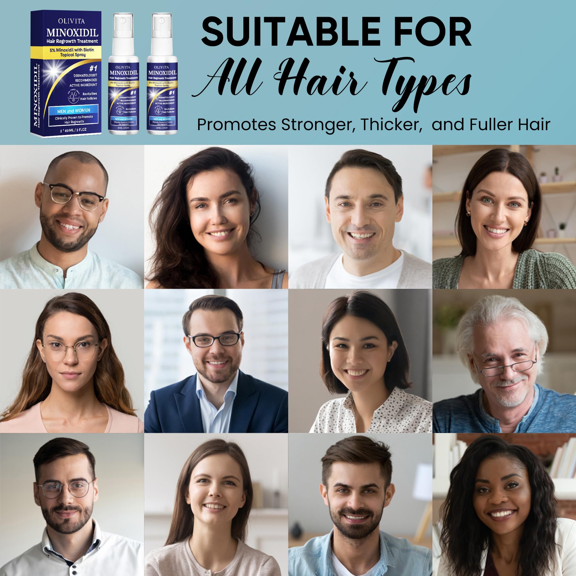 Unisex usage scenario shows couple applying OLIVITA Minoxidil spray for inclusive hair care.