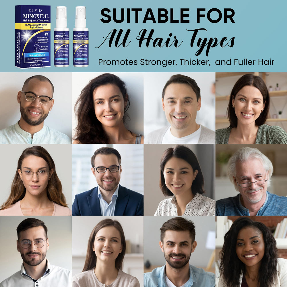 Unisex usage scenario shows couple applying OLIVITA Minoxidil spray for inclusive hair care.