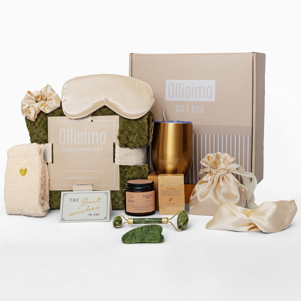 Ollisimo Luxury Gift Basket box open, inviting a cozy, thoughtful self-care moment for her.