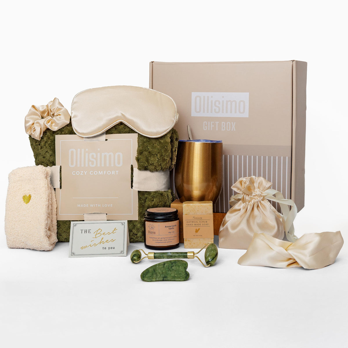 Ollisimo Luxury Gift Basket box open, inviting a cozy, thoughtful self-care moment for her.
