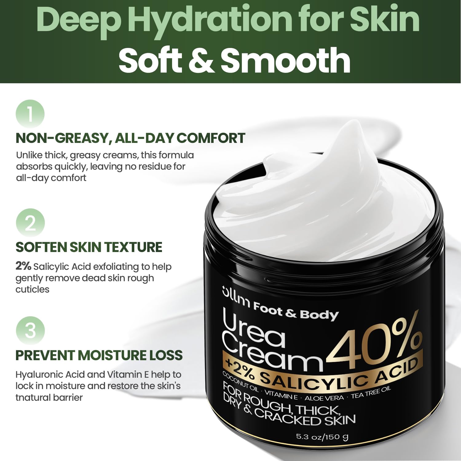 OLL M Urea Cream 40% fast-absorbing texture without greasy residue.